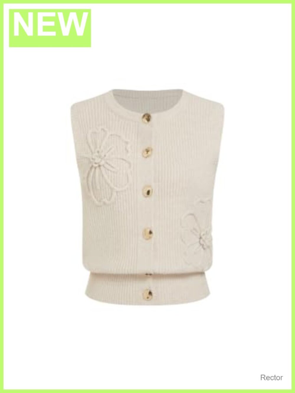 Sleeveless Floral Jacquard Sweater Vest Gold Button Crew Neck Knit Cardigan